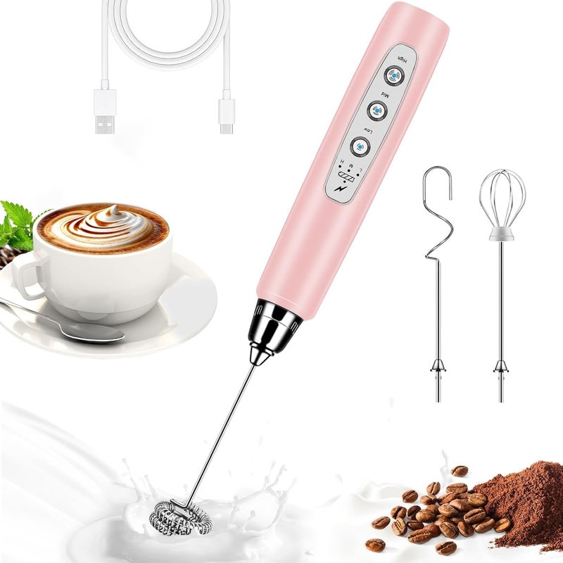 BSRGMS Milk Frother Handheld for Coffee, Electric Whisk 3 Speed Adjustable, Drink Mixer with Stainless 3 Whisks, Rechargeable Hand Frother Wand, Foam Maker for Latte Cappuccino Hot Chocolate Egg Pink - Image 1
